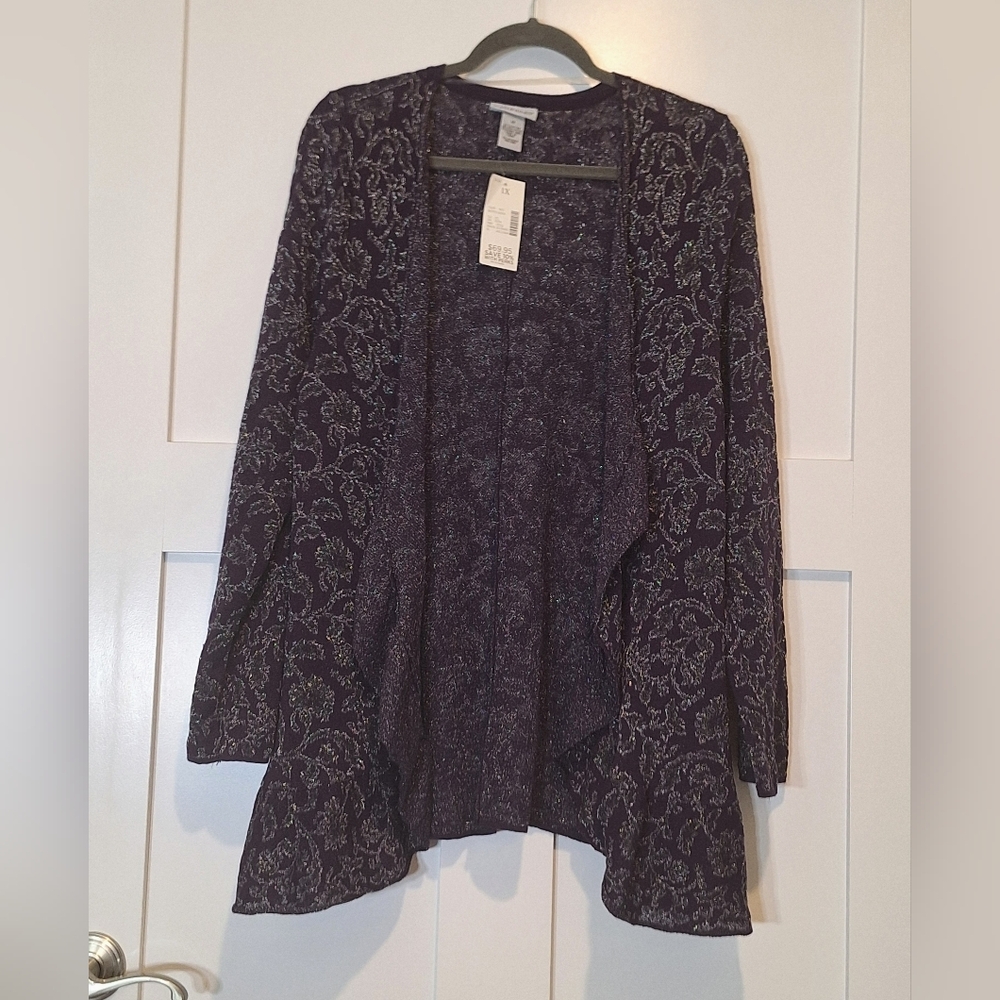 Catherines Metallic Purple Silver Sparkles Floral Ruffled Open Front Cardigan 1X